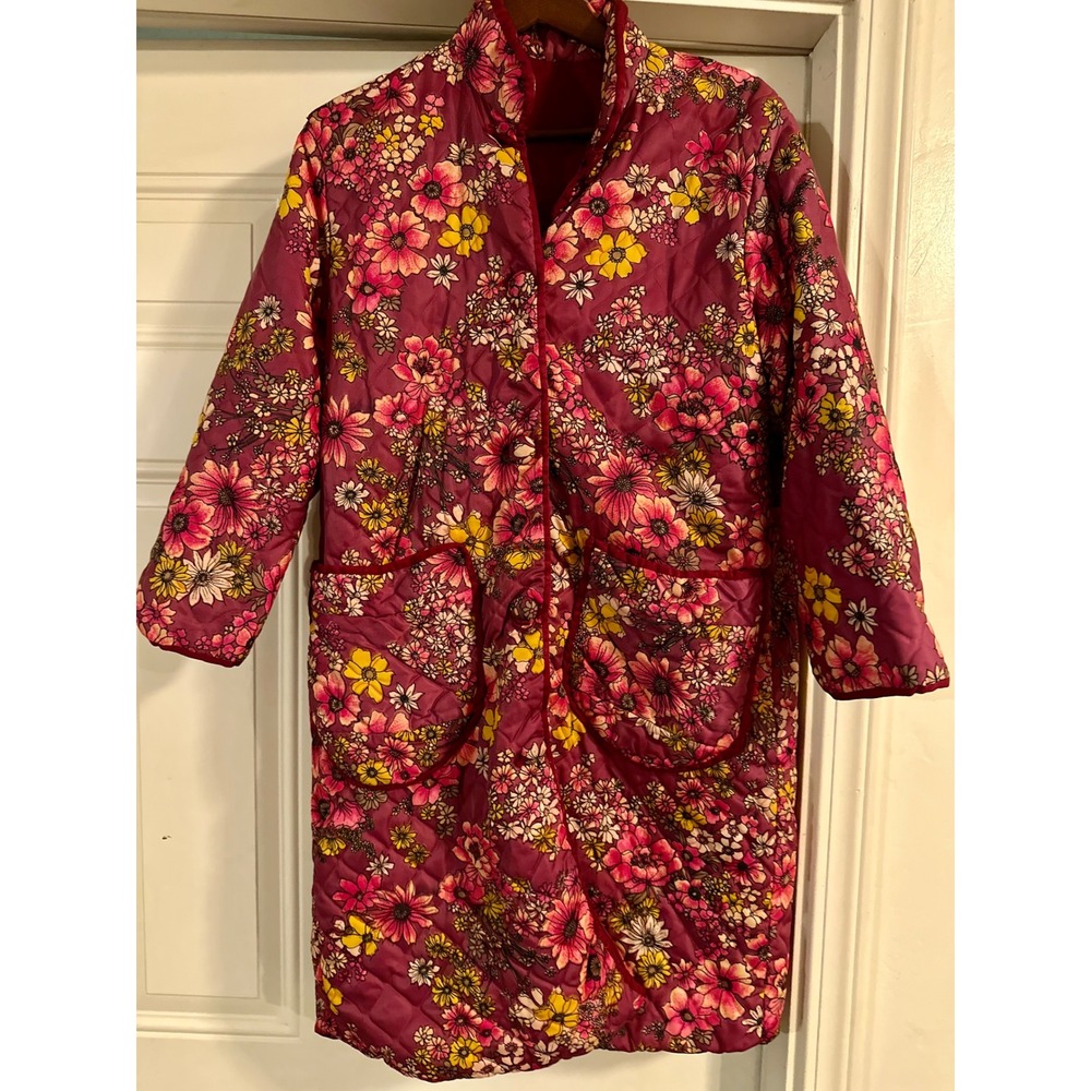 Vintage 60s 70s Quilted Floral Duster Coat Robe Nylon Burgundy Pink Yellow